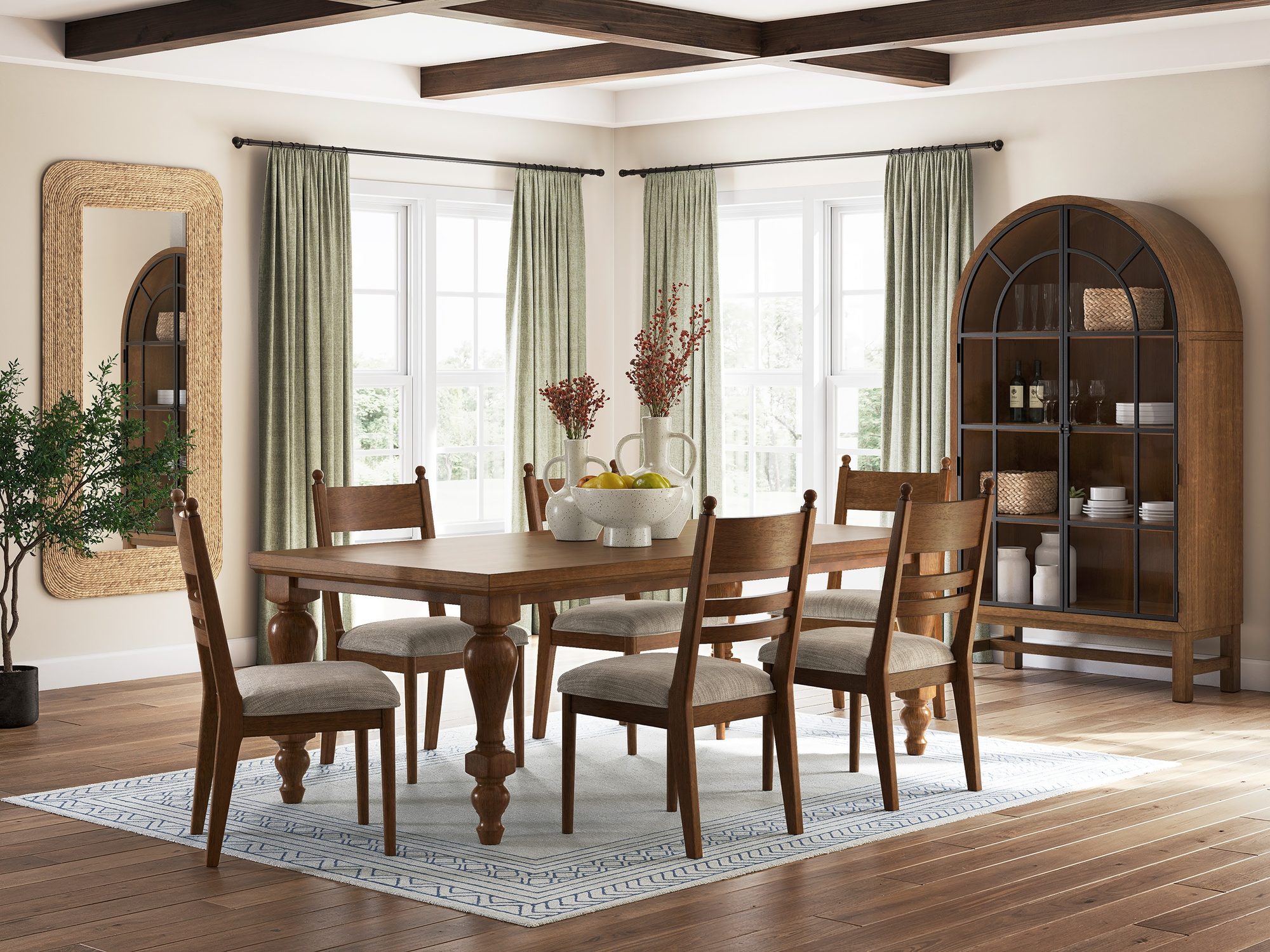Wood dining table and chairs with a matching curio cabinet