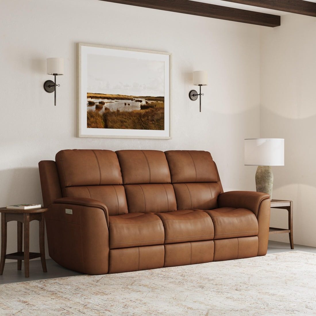 Navy leather power reclining sofa
