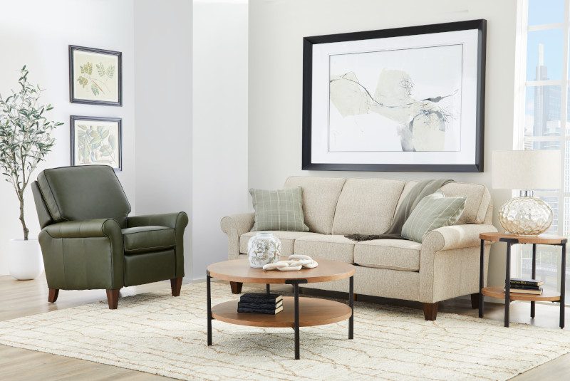 Living room with sofa and green accent chair
