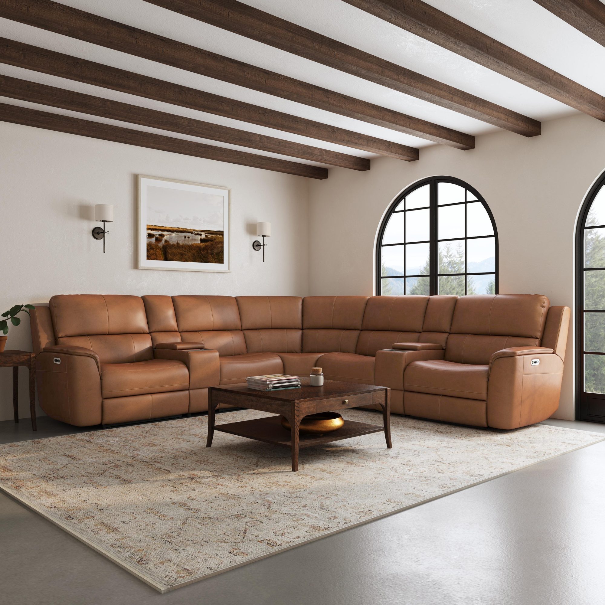 Cognac leather reclining sectional